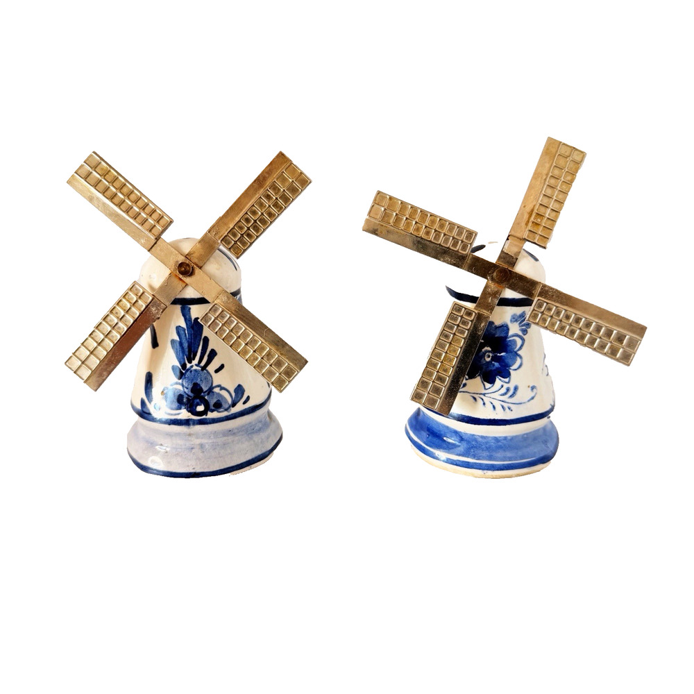 Vintage Delft Windmill Salt & Pepper Shakers Metal Blades Blue and White 3”